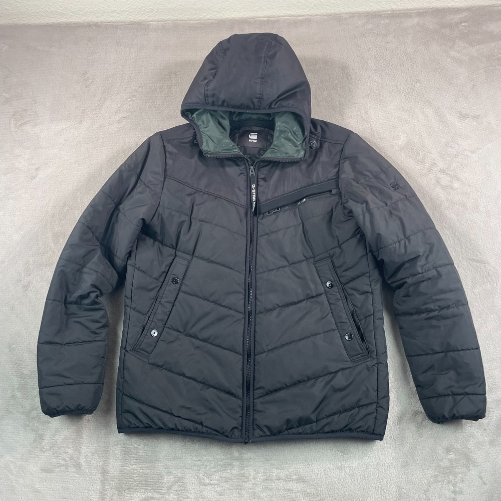 G Star Raw Attacc HDD Overshirt Jacket Men Large Black Puffer Hooded Zip Up